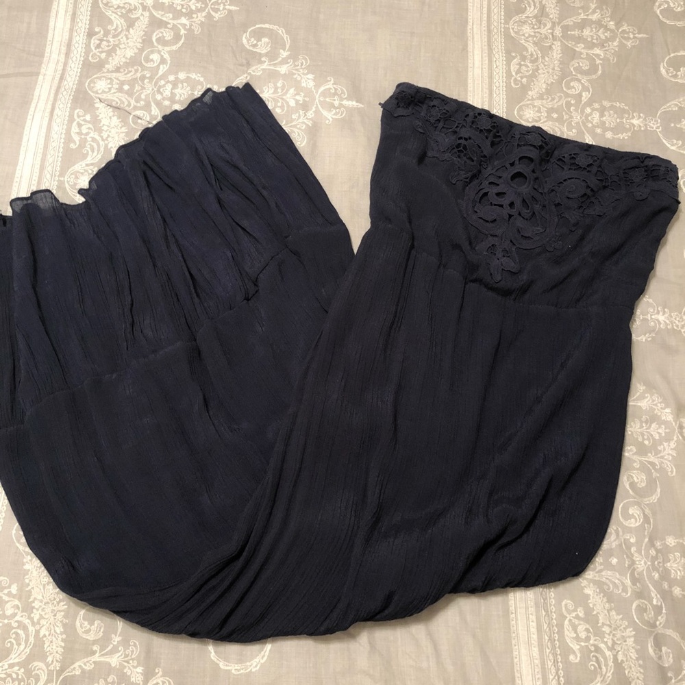 Navy blue lace strapless maxi
